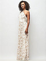Side View Thumbnail - Golden Hour High-Neck Halter Floral Stretch Satin Maxi Dress with Bias A-line Skirt