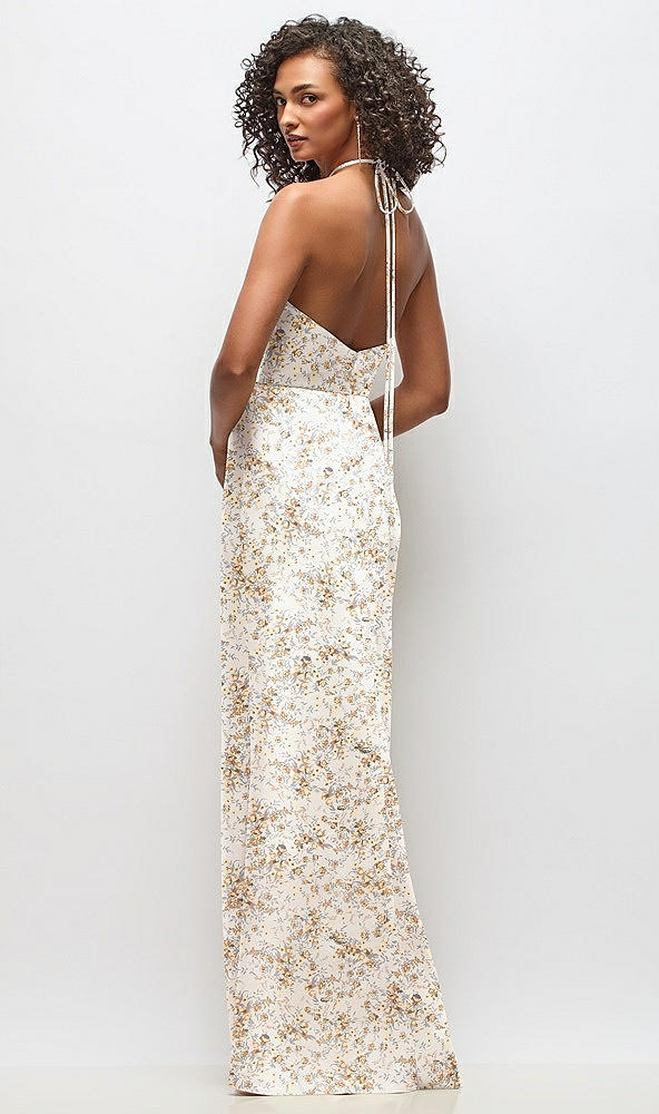 Back View - Golden Hour High-Neck Halter Floral Stretch Satin Maxi Dress with Bias A-line Skirt