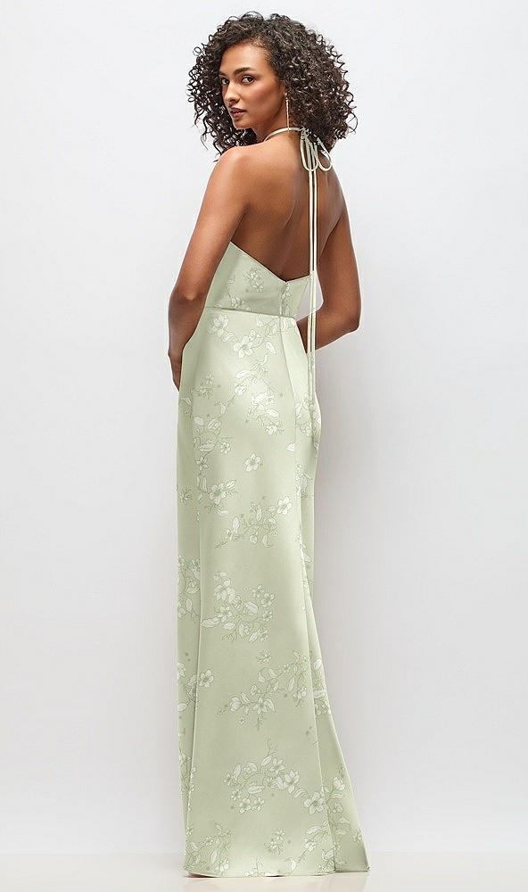 Back View - Vintage Primrose Celadon High-Neck Halter Floral Stretch Satin Maxi Dress with Bias A-line Skirt