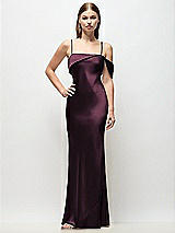 Front View Thumbnail - Deep Plum Asymmetrical Cuff Neck Stretch Satin Bias Maxi Dress with Adjustable Spaghetti Straps