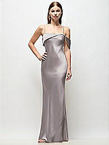 Front View Thumbnail - Cashmere Gray Asymmetrical Cuff Neck Stretch Satin Bias Maxi Dress with Adjustable Spaghetti Straps