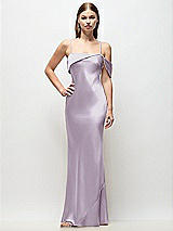 Front View Thumbnail - Lilac Haze Asymmetrical Cuff Neck Stretch Satin Bias Maxi Dress with Adjustable Spaghetti Straps