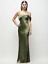 Front View Thumbnail - Olive Green Asymmetrical Cuff Neck Stretch Satin Bias Maxi Dress with Adjustable Spaghetti Straps