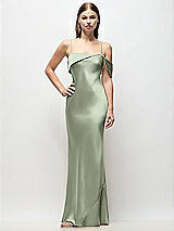 Front View Thumbnail - Sage Asymmetrical Cuff Neck Stretch Satin Bias Maxi Dress with Adjustable Spaghetti Straps