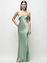 Front View Thumbnail - Seagrass Asymmetrical Cuff Neck Stretch Satin Bias Maxi Dress with Adjustable Spaghetti Straps