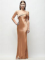 Front View Thumbnail - Toffee Asymmetrical Cuff Neck Stretch Satin Bias Maxi Dress with Adjustable Spaghetti Straps