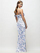 Rear View Thumbnail - Magnolia Sky Asymmetrical Cuff Neck Floral Stretch Satin Bias Maxi Dress with Adjustable Spaghetti Straps