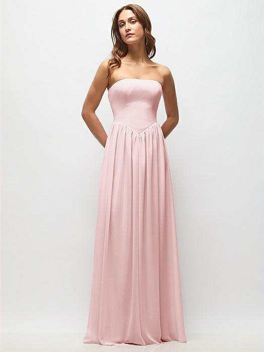 Strapless Basque Drop Waist Chiffon Maxi Dress with Shirred Skirt 