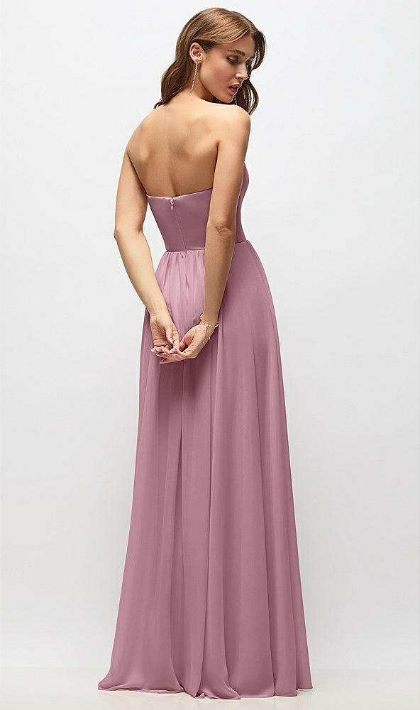 Back View - Dusty Pink Strapless Basque Drop Waist Chiffon Maxi Dress with Shirred Skirt 