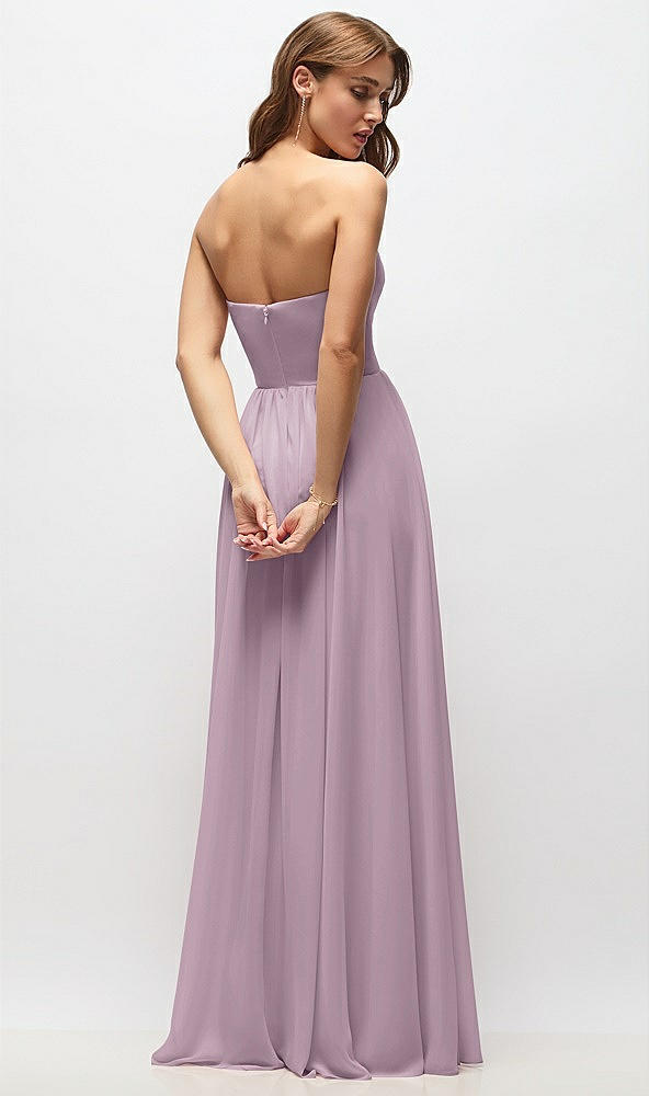 Back View - Suede Rose Strapless Basque Drop Waist Chiffon Maxi Dress with Shirred Skirt 