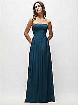 Front View Thumbnail - Atlantic Blue Strapless Basque Drop Waist Chiffon Maxi Dress with Shirred Skirt 