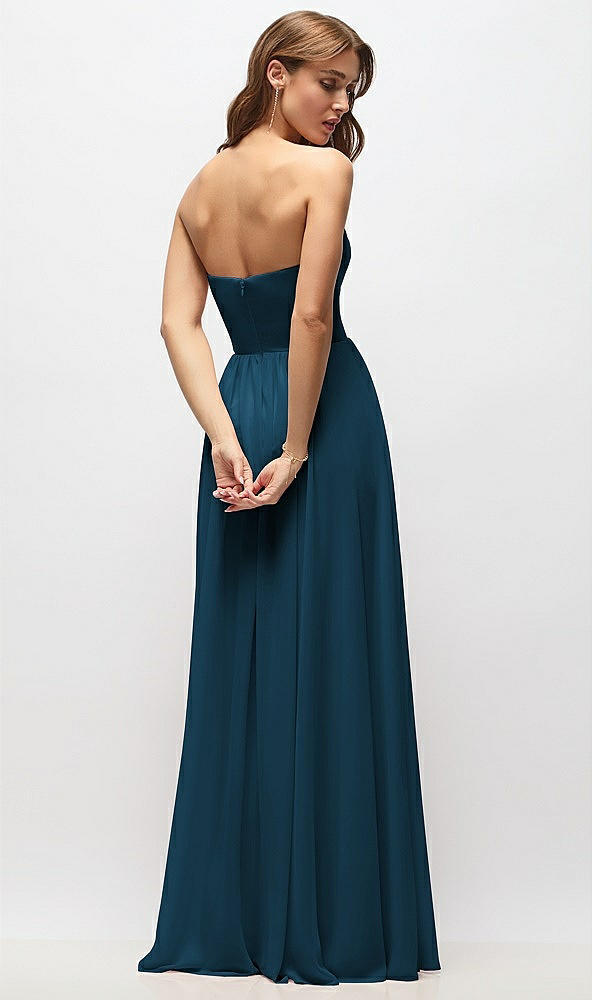 Back View - Atlantic Blue Strapless Basque Drop Waist Chiffon Maxi Dress with Shirred Skirt 