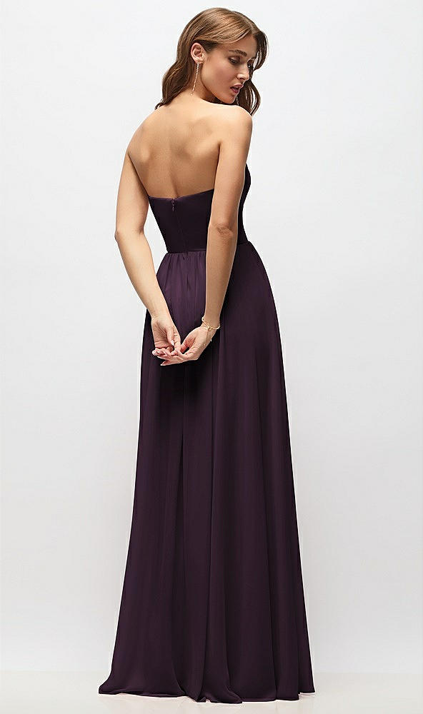 Back View - Aubergine Strapless Basque Drop Waist Chiffon Maxi Dress with Shirred Skirt 