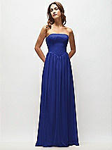 Front View Thumbnail - Cobalt Blue Strapless Basque Drop Waist Chiffon Maxi Dress with Shirred Skirt 