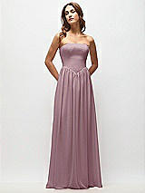 Front View Thumbnail - Dusty Rose Strapless Basque Drop Waist Chiffon Maxi Dress with Shirred Skirt 