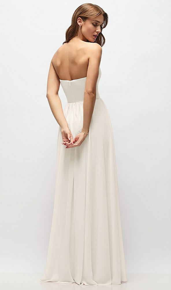 Back View - Ivory Strapless Basque Drop Waist Chiffon Maxi Dress with Shirred Skirt 
