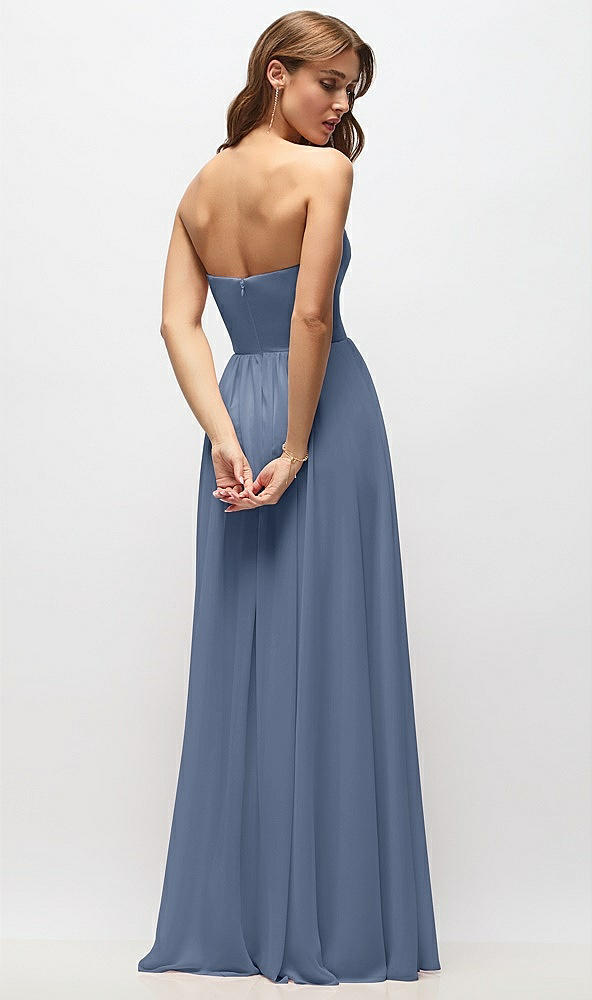Back View - Larkspur Blue Strapless Basque Drop Waist Chiffon Maxi Dress with Shirred Skirt 
