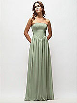Front View Thumbnail - Sage Strapless Basque Drop Waist Chiffon Maxi Dress with Shirred Skirt 