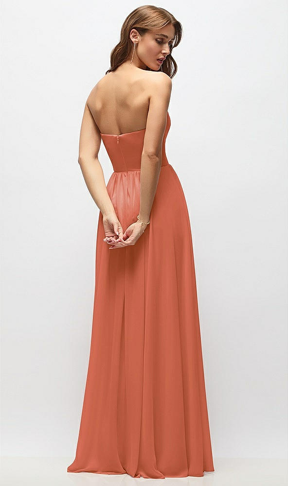 Back View - Terracotta Copper Strapless Basque Drop Waist Chiffon Maxi Dress with Shirred Skirt 