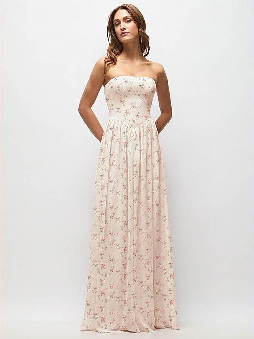 Strapless Basque Drop Waist Floral Chiffon Maxi Dress with Shirred Skirt 