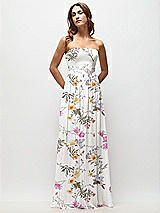 Front View Thumbnail - Butterfly Botanica Ivory Strapless Basque Drop Waist Floral Chiffon Maxi Dress with Shirred Skirt 