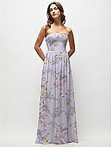 Front View Thumbnail - Butterfly Botanica Silver Dove Strapless Basque Drop Waist Floral Chiffon Maxi Dress with Shirred Skirt 