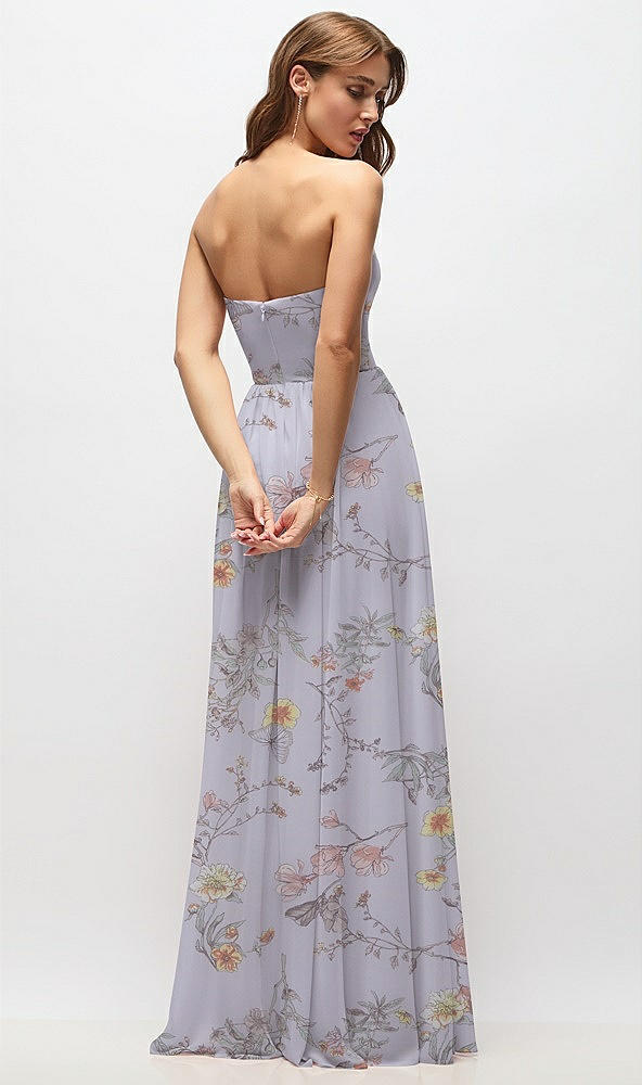 Back View - Butterfly Botanica Silver Dove Strapless Basque Drop Waist Floral Chiffon Maxi Dress with Shirred Skirt 