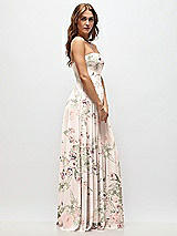Side View Thumbnail - Blush Garden Strapless Basque Drop Waist Floral Chiffon Maxi Dress with Shirred Skirt 