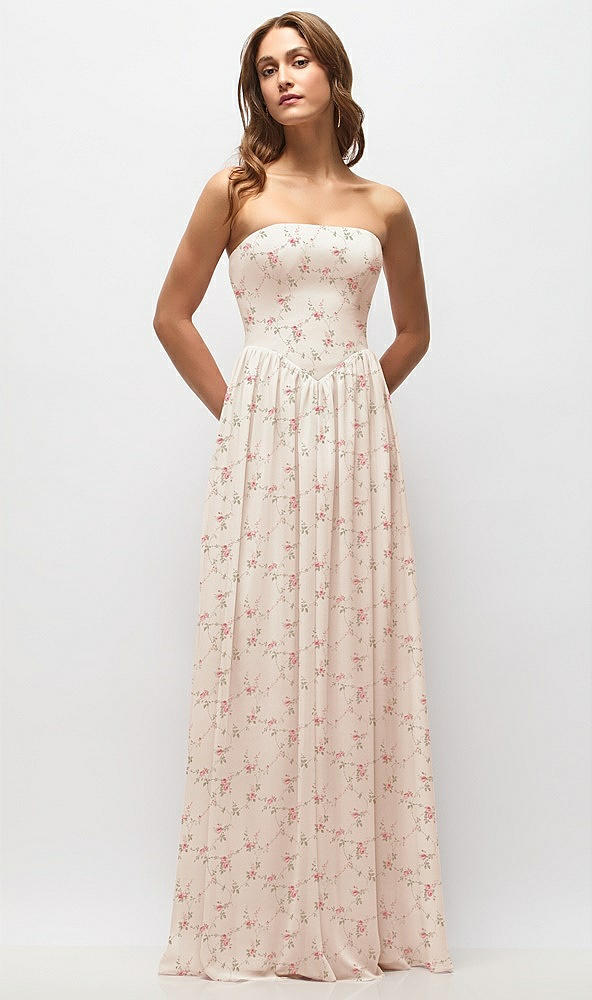Front View - Coquette Floral Print Strapless Basque Drop Waist Floral Chiffon Maxi Dress with Shirred Skirt