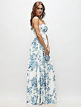 Side View Thumbnail - Cottage Rose Dusk Blue Strapless Basque Drop Waist Floral Chiffon Maxi Dress with Shirred Skirt 