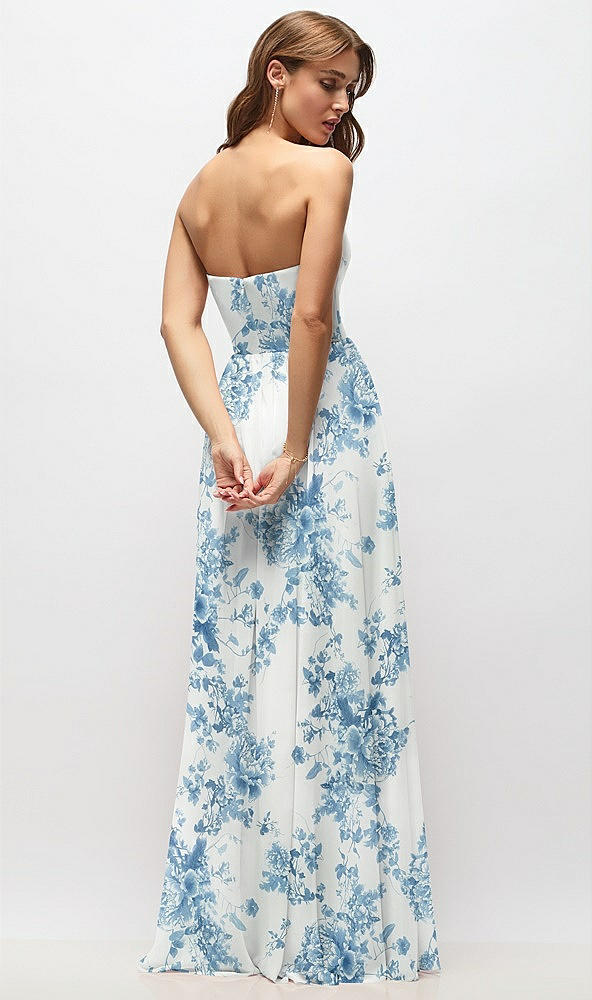 Back View - Cottage Rose Dusk Blue Strapless Basque Drop Waist Floral Chiffon Maxi Dress with Shirred Skirt 