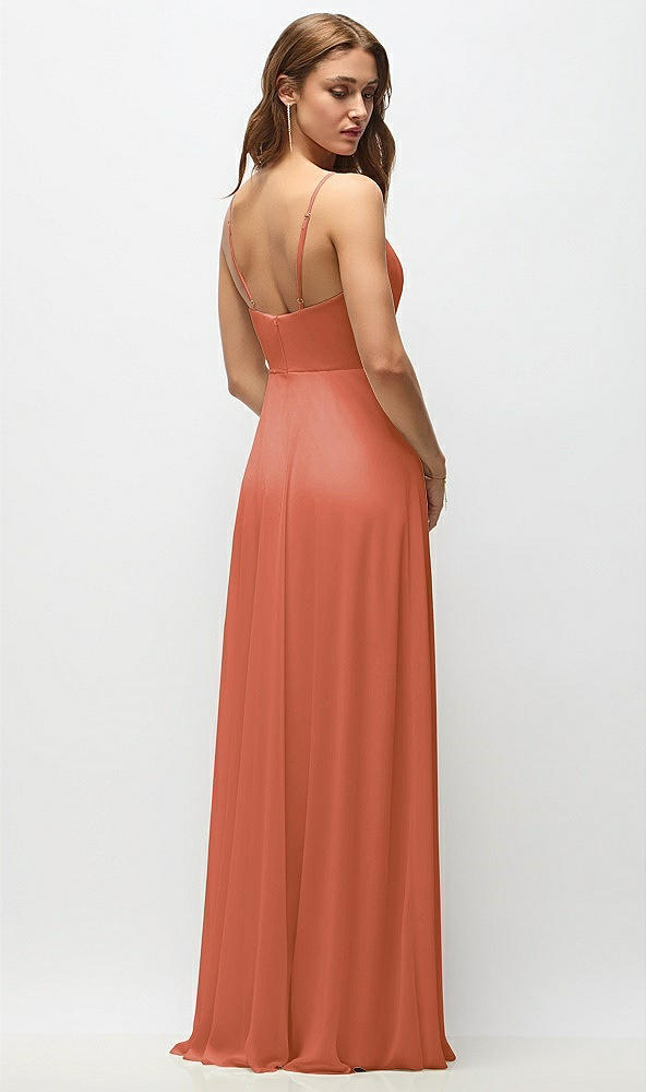 Back View - Terracotta Copper Wrap Bodice Chiffon Maxi Dress with Adjustable Spaghetti Straps