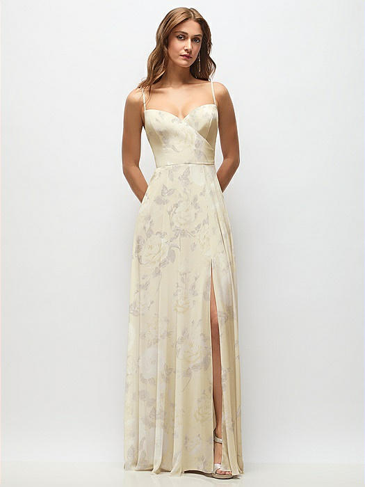 Wrap Bodice Floral Chiffon Maxi Dress with Adjustable Spaghetti Straps