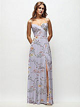 Front View Thumbnail - Butterfly Botanica Silver Dove Wrap Bodice Floral Chiffon Maxi Dress with Adjustable Spaghetti Straps