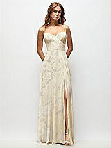 Front View Thumbnail - Butter Yellow Floral Wrap Bodice Floral Chiffon Maxi Dress with Adjustable Spaghetti Straps