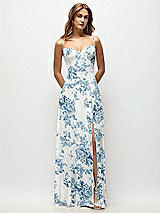 Front View Thumbnail - Cottage Rose Dusk Blue Wrap Bodice Floral Chiffon Maxi Dress with Adjustable Spaghetti Straps