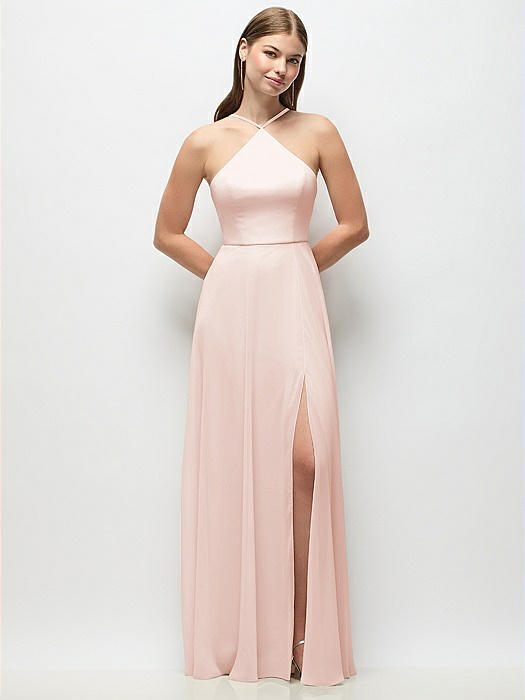 High-Neck Halter Chiffon Maxi Dress with Adjustable Spaghetti Straps