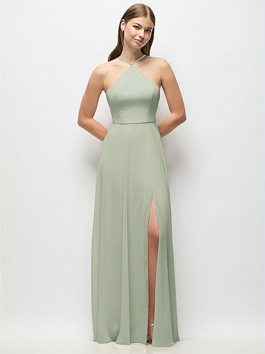 High-Neck Halter Chiffon Maxi Dress with Adjustable Spaghetti Straps