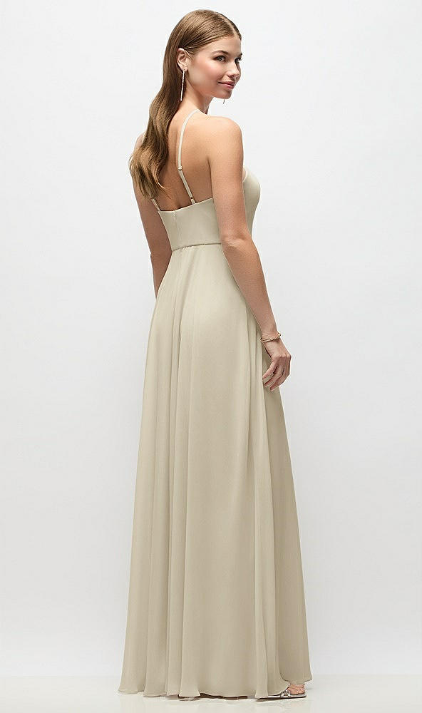 Back View - Champagne High-Neck Halter Chiffon Maxi Dress with Adjustable Spaghetti Straps