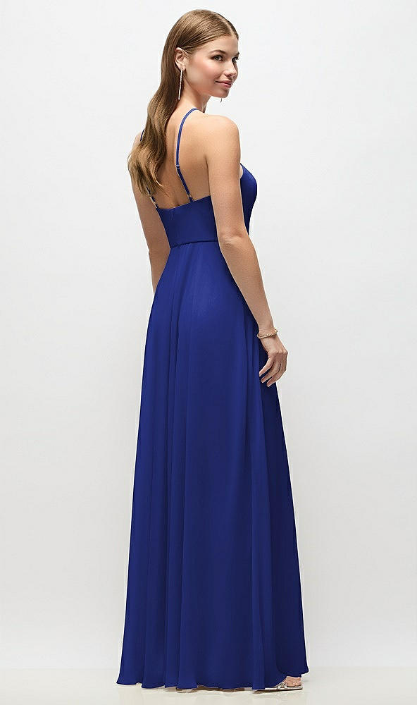 Back View - Cobalt Blue High-Neck Halter Chiffon Maxi Dress with Adjustable Spaghetti Straps