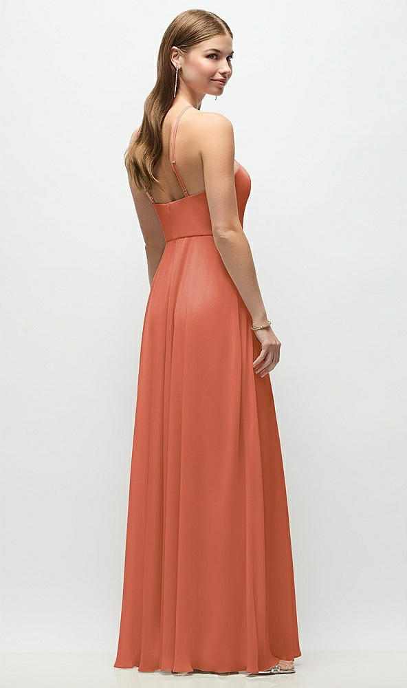 Back View - Terracotta Copper High-Neck Halter Chiffon Maxi Dress with Adjustable Spaghetti Straps