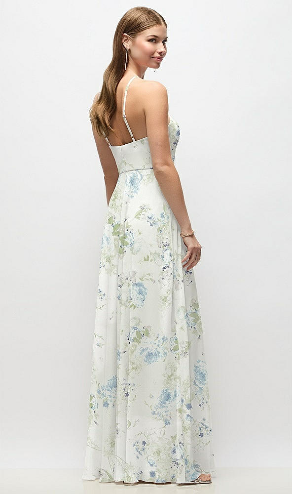 Back View - Bleu Garden High-Neck Halter Floral Chiffon Maxi Dress with Adjustable Spaghetti Straps
