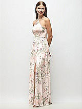 Side View Thumbnail - Blush Garden High-Neck Halter Floral Chiffon Maxi Dress with Adjustable Spaghetti Straps