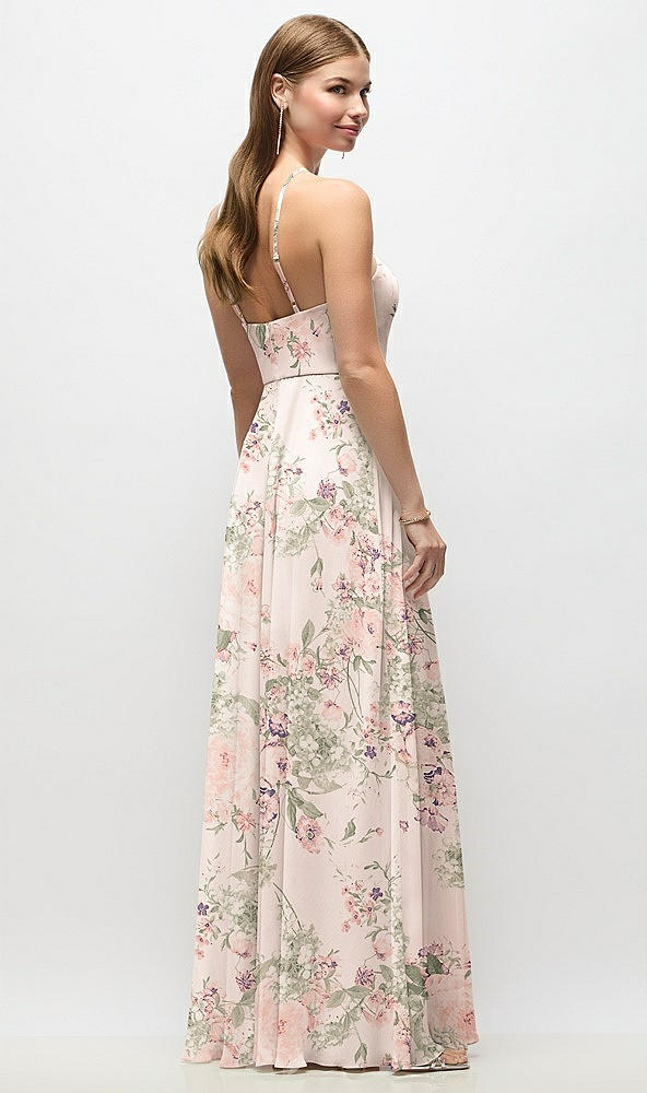 Back View - Blush Garden High-Neck Halter Floral Chiffon Maxi Dress with Adjustable Spaghetti Straps