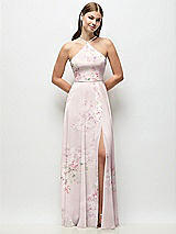 Front View Thumbnail - Watercolor Print High-Neck Halter Floral Chiffon Maxi Dress with Adjustable Spaghetti Straps