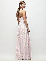 Rear View Thumbnail - Watercolor Print High-Neck Halter Floral Chiffon Maxi Dress with Adjustable Spaghetti Straps