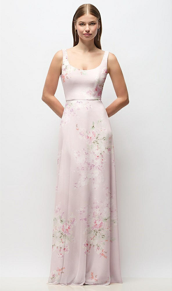 Front View - Watercolor Print Scoop Neck Tank Strap Floral Chiffon Maxi Dress