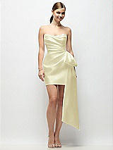 Alt View 1 Thumbnail - Butter Yellow Strapless Pleated Draped Satin Mini Dress with Dramatic Long Tail Bow & Covered Buttons