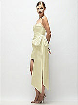 Side View Thumbnail - Butter Yellow Strapless Pleated Draped Satin Mini Dress with Dramatic Long Tail Bow & Covered Buttons