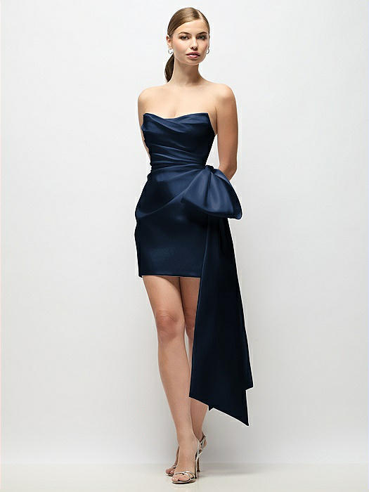 Strapless Pleated Draped Satin Mini Dress with Dramatic Long Tail Bow & Covered Buttons